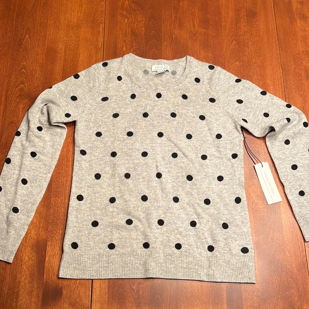 Rachel Zoe 100% 2 Ply Cashmere Sweater Grey with Black Polka Dots Size L